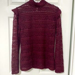 Mock turtleneck long sleeve lace shirt. Dark cranberry color size M.